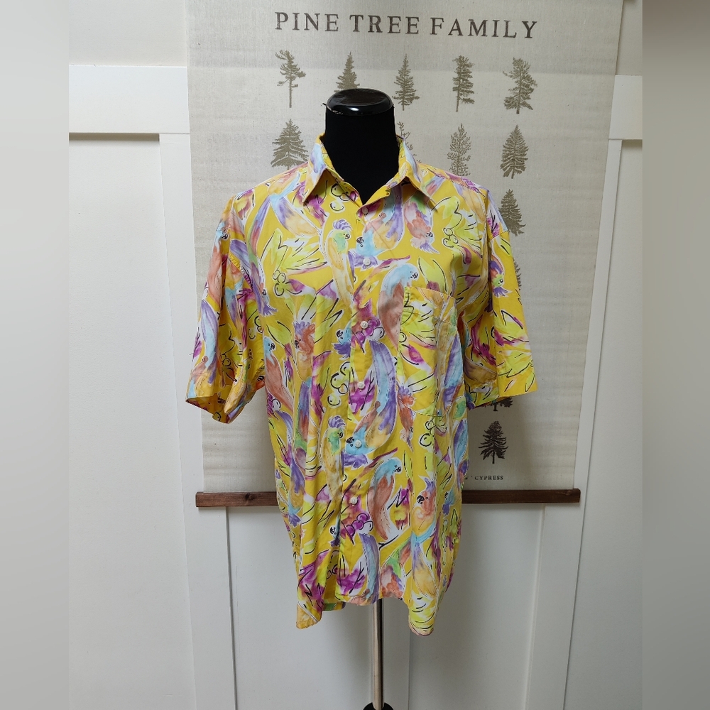 Holt Renfrew Vintage Tropical Parrot Print Button-Up Shirt – Yellow, Size M